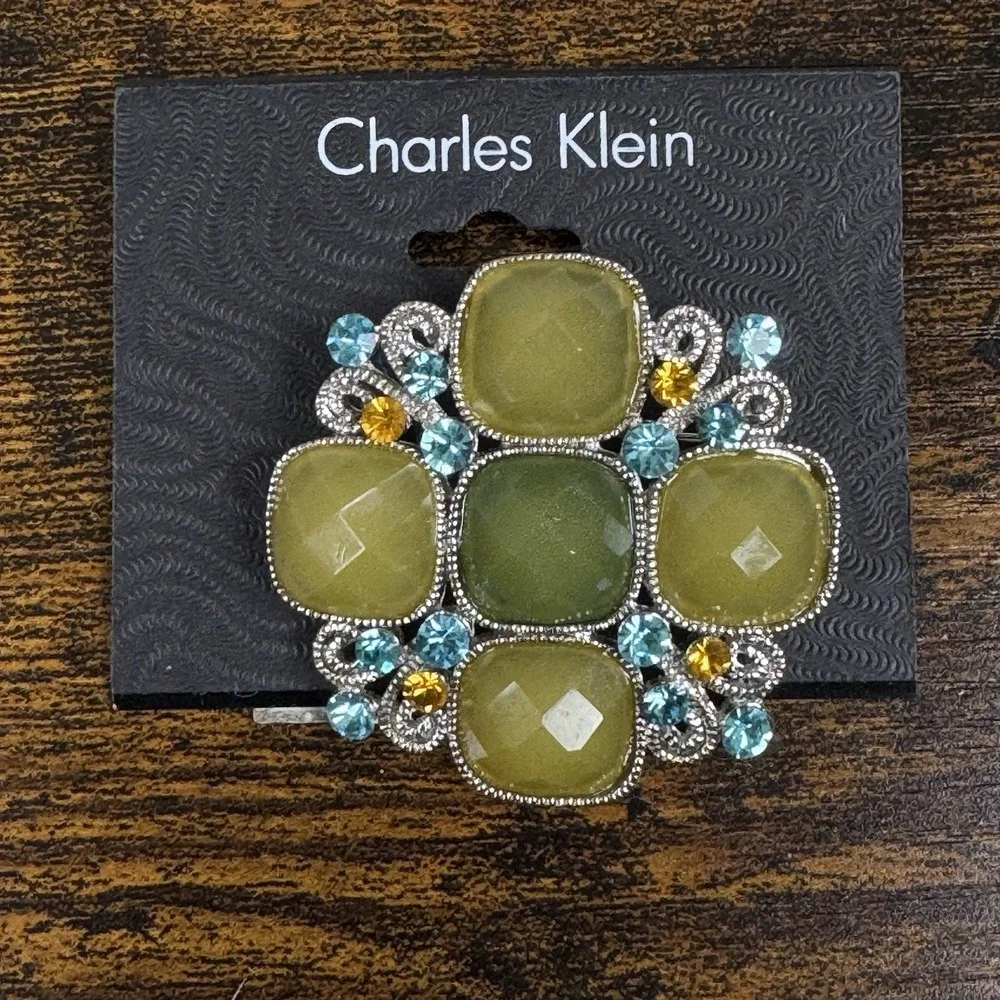 NWT CHARLES KLEIN‎ RHINESTONE BROOCH IN SHADES OF GREEN Aqua Orange rhinestone